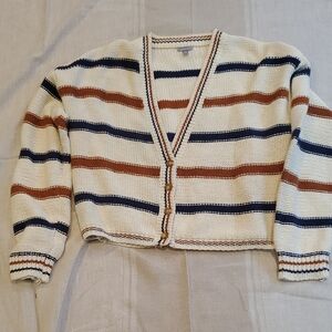 Charlotte Russe Striped Cardigan in Cream, Brown, and Blue